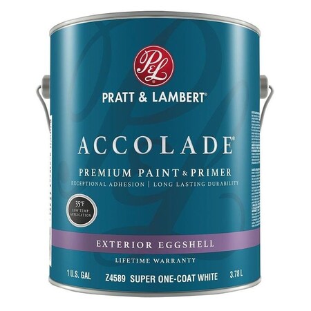 Pratt & Lambert ACCOLADE Z4500 Z458916 Exterior Premium Paint and Primer, Eggshell, Super OneCoat White, 1 gal 0000Z4589-16